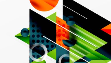 Soyut geometrik tasarım üst üste binen şekiller, çizgiler, daireler, üçgenler. Canlı renklendirici, yeşil, siyah, mavi dinamik bileşim. Modern estetik.