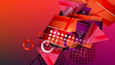 Geometrik şekiller, canlı kırmızılar, morlar içeren soyut bileşim. Üst üste binen katmanlar dinamik görsel doku yaratır. Modern tasarım elementleri sahneye hakim.