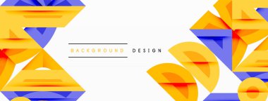 Soyut geometrik şekiller kompozisyona hükmediyor. Sarı, turuncu, mavi renkler dinamik görsel ilgi yaratır. Temiz beyaz alan denge sağlar, modern estetik. Minimalist tasarım uygun arka planlar.