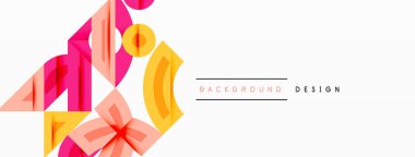 Soyut geometrik şekiller örtüşür, dinamik bileşim yaratır. Pembe, turuncu, sarı renkler beyaz alana hükmediyor. Arkaplan ve sunumlar için modern tasarım ögesi.