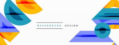 Soyut geometrik şekiller örtüşür, dinamik bileşim yaratır. Parlak renkli, mavi, mor egemen beyaz alan. Modern tasarım yaratıcılığı, yeniliği önerir. Minimalist estetik.