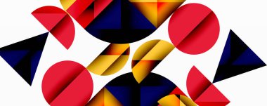 Soyut geometrik bileşim. Şekiller örtüşüyor, dinamik görsel etkileşim yaratıyor. Kırmızı, sarı, siyah, mavi baskın tasarım. Minimalist estetik.