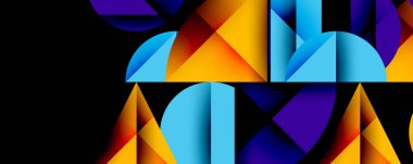 Soyut geometrik bileşim. Canlı renkler harmanlanır, üçgenler, daireler oluşturur, koyu arkaplanda kıvrımlar oluşur. Modern tasarım enerji, dinamizm ve görsel uyumu çağrıştırıyor..