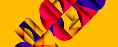 Soyut geometrik bileşim. Parlak renkler, keskin açılar, üst üste binen şekiller dinamik görsel efekt yaratır. Kalın tasarım, modern estetik, canlı renkler sarı arka plana hakim..