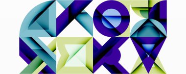 Soyut geometrik bileşim. Şekiller çakışıyor, dinamik görsel etki yaratıyor. Mavi, mor, yeşil renkler tasarımda baskın. Modern, minimalist estetik.