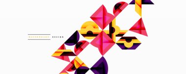 Soyut geometrik şekiller örtüşür ve canlı bir bileşim yaratır. Pembe, mor, sarı tonlar beyaz alana hükmediyor. Arkaplan ve sunumlar için modern tasarım ögesi.