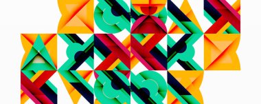 Renkli geometrik desen. Tekrarlayan şekiller soyut mozaik oluşturur. Parlak üçgenler, kıvrımlar dinamik görsel doku oluşturur. Modern tasarım ögesi.