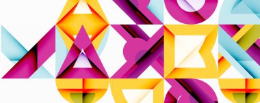 Soyut geometrik bileşim. Parlak üçgenler, kareler örtüşüyor ve dinamik görsel efektler yaratıyor. Canlı renkler, modern tasarım, temiz çizgiler resme hakim..