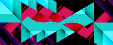Soyut geometrik bileşim. Canlı turkuaz, morumsu, mor renkler dinamik etkileşim yaratır. Keskin açılar, katmanlı şekiller derinliği gösteriyor, modern estetiği. Kalın zıtlıklar dizaynın hakimi.
