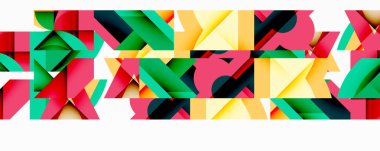 Soyut geometrik desen. Renkli üçgenler, dikdörtgenler üst üste binerek dinamik bileşim oluştururlar. Parlak renkler koyu gölgelerle tezat oluşturur. Modern tasarım ögesi.