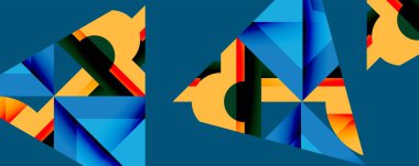 Soyut geometrik bileşim. Canlı şekiller örtüşüyor, dinamik görsel ilgi yaratıyor. Mavi, turuncu, kırmızı renkler tasarımda baskın. Modern estetik, temiz çizgiler sunar.