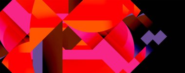 Canlı geometrik şekiller içeren soyut bir kompozisyon. Kırmızılar, portakallar, pembeler koyu arkaplana hükmediyor. Dinamik etkileşim modern görsel deneyim yaratır.