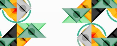 Soyut geometrik desen. Üst üste binen üçgenler, daireler dinamik bileşim oluşturur. Renkler arasında yeşil, turuncu, gri, siyah yer alıyor. Minimalist tasarım, temiz estetik.