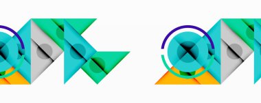 Soyut geometrik tasarım üst üste binen şekiller, daireler, üçgenler, çizgiler. Teal, turuncu, gri renkler modern görsel desen oluşturur. Minimalist stil.