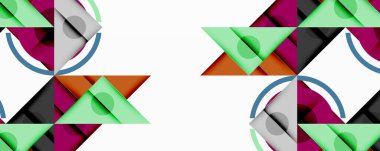 Soyut geometrik bileşim. Üst üste binen üçgenler, daireler dinamik desen oluşturur. Renkler arasında yeşil, mor, gri, turuncu var. Minimalist tasarım, temiz çizgiler, modern estetik..