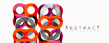 Soyut geometrik desenler üst üste binen daireler, kareler. Turuncu, gri, mor renkler modern tasarım yaratır. Temiz çizgiler, basit şekiller kompozisyona hakim..