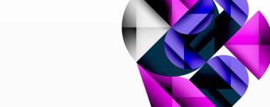 Soyut geometrik bileşim. Üst üste binen şekiller dinamik görsel efekt yaratır. Mor, mavi, beyaz, siyah renkler tasarımda baskın. Modern estetik, temiz çizgiler sunar.