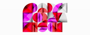 Soyut geometrik bileşim. Şekiller çakışıyor, dinamik görsel etki yaratıyor. Kırmızı, pembe, gümüş renkler dizaynın hakimi. Modern, minimalist estetik.