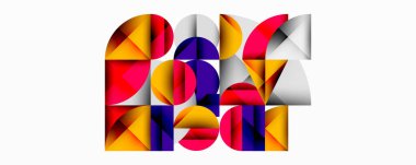 Soyut geometrik bileşim. Renkli çakışan yarım daireler, üçgenler dinamik Post metni oluşturur. Parlak renkler, gradyanlar modern tasarım, görsel etki.