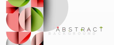 Modern soyut arkaplan, üst üste binen daireler, kareler, dikdörtgenler. Kırmızı, yeşil, gri renkler dinamik bileşim oluşturur. Minimalist tasarım, temiz estetik.