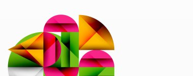 Soyut geometrik bileşim. Renkli üst üste binen şekiller dinamik görsel ilgi yaratır. Parlak renkler, modern tasarım, temiz çizgiler, minimalist estetik. Şekiller yapı taşları veya parçalanmış biçimler önerir.