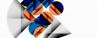 Soyut geometrik bileşim. Üst üste binen daireler, üçgenler dinamik görsel etkileşim yaratır. Tonlar turuncu, mavi, gri egemen tasarım. Minimalist estetik.