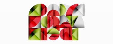 Soyut geometrik kompozisyon oluşturma metni. Kırmızı, yeşil, gri şekiller harf formları oluşturur. Minimalist tasarım, temiz çizgiler, modern estetik..