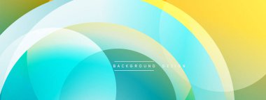 Soyut renkli arkaplan. Üst üste binen yarı saydam çemberler, dinamik görsel efekt yaratır. Renkler sarı, yeşil ve turkuazdan dönüşüyor. Modern tasarım ögesi.