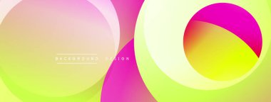 Soyut renkli arkaplan. Üst üste binen daireler canlı gradyanlar oluşturur. Pembeler, sarılar, yeşiller. Modern tasarım dijital projeler ve sunumlar için uygundur. Düz geçişler, yumuşak renkler..