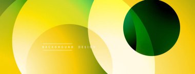 Soyut sarı, yeşil tasarım. Üst üste binen daireler dinamik bileşim yaratır. Yumuşak eğimler modern estetik sunar. Çeşitli projeler için minimalist arkaplan.