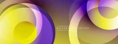 Soyut geometrik tasarım üst üste binen daireler, gradyanlar içerir. Mor, sarı renkler kompozisyona hakim. Modern estetik, uygun arkaplan ögesi.