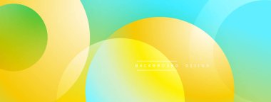 Soyut renkli arkaplan. Üst üste binen daireler dinamik görsel efekt yaratır. Sarı, yeşil, mavi renkler düzgün bir şekilde harmanlanır. Çeşitli projeler için modern tasarım.