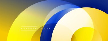 Üst üste binen dairesel şekiller içeren soyut bir kompozisyon. Renkler sarı, mavi, beyaz, gri. Modern tasarım, pürüzsüz gradyanlar dinamik görsel efekt yaratır. Minimalist estetik.