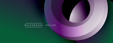 Soyut tasarım özellikleri üst üste binen mor daireler. Koyu yeşilden menekşe rengine geçiş. Minimalist estetik, modern kompozisyon. Düz şekiller dinamik görsel akış yaratır.