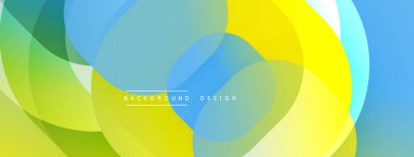 Soyut renkli arkaplan. Üst üste binen daireler dinamik görsel efekt yaratır. Parlak sarı, mavi, yeşil renkler kusursuz bir şekilde harmanlanır. Çeşitli projeler için modern tasarım ögesi.