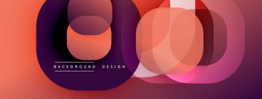 Üst üste binen daireler içeren soyut kompozisyon, turuncudan mora doğru değişen gradyanlar. Modern tasarım elementleri dinamik görsel efekt yaratır. Düz geçişler, katmanlı şekiller..