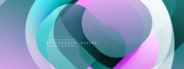 Soyut tasarım özellikleri üst üste binen şeffaf daireler. Renkler arasında deniz mavisi, mor, pembe, beyaz, koyu yeşil yer alıyor. Modern estetik, arka plan veya dijital sanat için uygun.