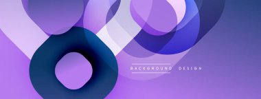 Üst üste binen daireler, gradyanlar içeren soyut kompozisyon. Mor renkler tasarıma hükmediyor, modern, dinamik görsel deneyimler yaratıyor. Düz geçişler, katmanlı şekiller derinlik sunar.