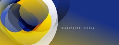 Soyut tasarım, üst üste binen daireler, canlı sarı, mavi renkler. Arkaplan geçişleri karanlıktan aydınlık tonlara. Modern, dinamik kompozisyon.