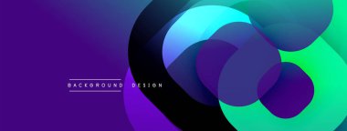 Soyut, enerjik bir arkaplan. Üst üste binen daireler dinamik bileşim yaratır. Mordan, maviden, yeşile dönüşen renkler. Dijital projeler için modern tasarım ögesi.