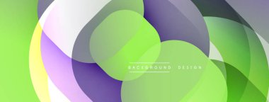 Soyut tasarım özellikleri üst üste binen renkli daireler. Yeşil, mor, sarı renkler harmanlanarak dinamik görsel efekt yaratır. Modern, pürüzsüz gradyanlar kompozisyona hakim.