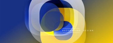Soyut geometrik bileşim. Üst üste binen daireler, kareler dinamik görsel efektler yaratır. Renk mavisi, sarı, beyaz, modern arka plan tasarımı. Düz geçişler, temiz çizgiler minimalist estetik sunar.