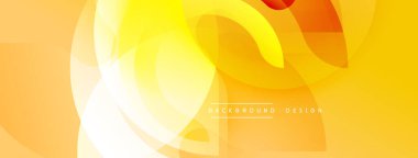 Soyut sarı arkaplan. Üst üste binen şekiller dinamik bileşim yaratır. Gradyan renkler sıcak, modern estetik sunar. Dijital projeler için uygun minimalist tasarım.