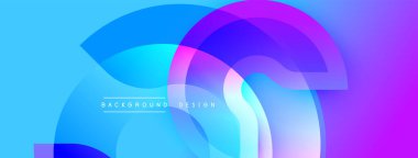 Soyut, enerjik bir arkaplan. Üst üste binen yuvarlak şekiller dinamik bileşimler oluşturur. Mavi, mor renkler düzgün bir şekilde harmanlanır. Dijital projeler için modern tasarım ögesi.