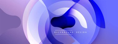 Üst üste binen daireler, gradyanlar içeren soyut kompozisyon. Mor, mavi renkler tasarımda baskın. Modern estetik, pürüzsüz geçişler dinamik görsel efektler yaratır. Minimalist stil.