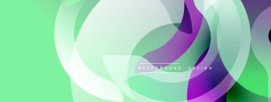 Üst üste binen daireler, gradyanlar içeren soyut kompozisyon. Yeşil, mor, beyaz renkler modern görsel efektler yaratır. Özgeçmiş ve sunumlar için uygun minimalist tasarım.