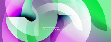 Üstüste binen şeffaf daireler içeren soyut bir kompozisyon. Renkler mor, yeşil ve beyazdan karışıp dinamik görsel efekt yaratır. Arka planlar için modern tasarım ögesi.