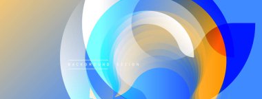 Soyut tasarım katmanlı dairesel şekiller içerir. Renkler mavi, turuncu, sarı, dinamik görsel efekt. Yumuşak eğimler hareketi, modern estetiği akla getiriyor..