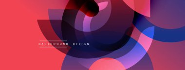 Üstüste binen şeffaf daireler içeren soyut bir kompozisyon. Gözlükler koyu mor, mavi ile canlı kırmızı arasında değişir. Modern tasarım dinamik hareketi, görsel uyumu çağrıştırıyor.