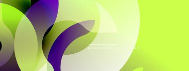 Soyut, enerjik bir arkaplan. Üstüste binen yarı saydam şekiller dinamik bileşim oluşturur. Yeşil, mor renkler tasarıma hakim. Modern estetik, dijital projeler için uygun.